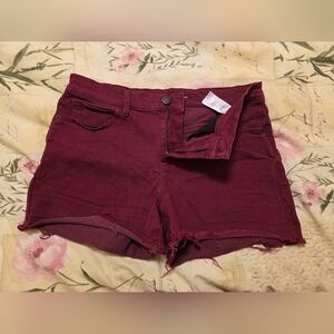 Old Navy Red Jean Shorts Frayed Hem Stretch Denim